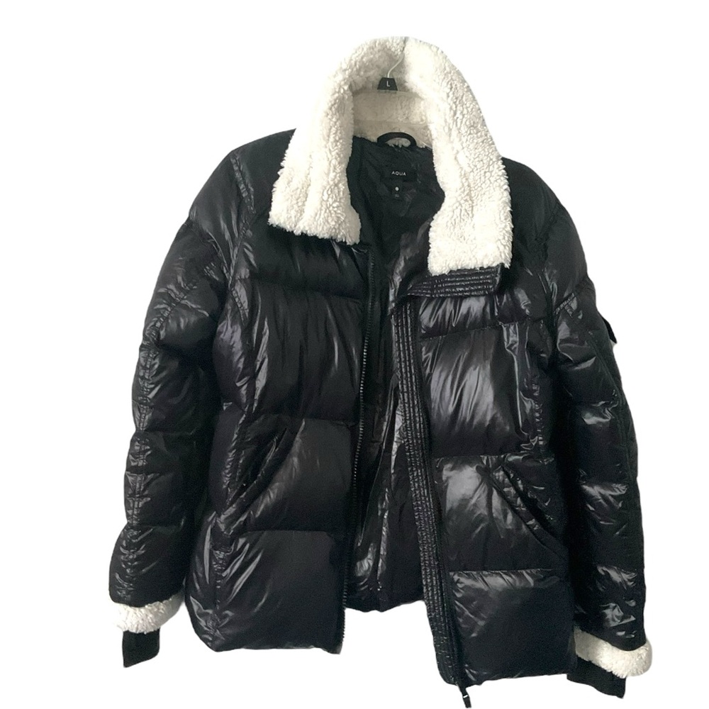 AQUA Black Puffer Faux Fur Sherpa Bomber Jacket L Women Lagenlook Grunge Casual - Picture 2 of 8